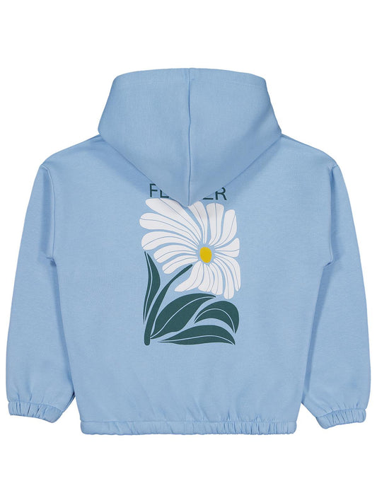 Civil Kız Çocuk Flower Baskılı Sweatshirt | 3 İp Uzun Kol Kapşonlu | Okul Kreş ve Günlük Kullanım - Mavi