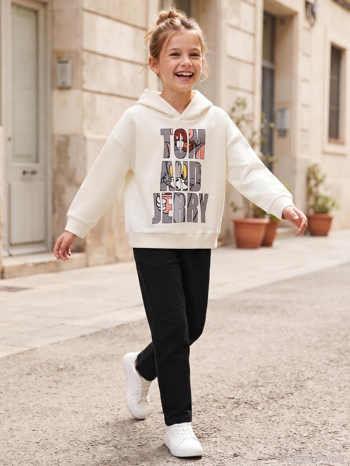 Tom And Jerry Sweatshirt | 3 İp Uzun Kol Kapşonlu Baskılı | Okul Kreş ve Günlük Kullanım - Ekru