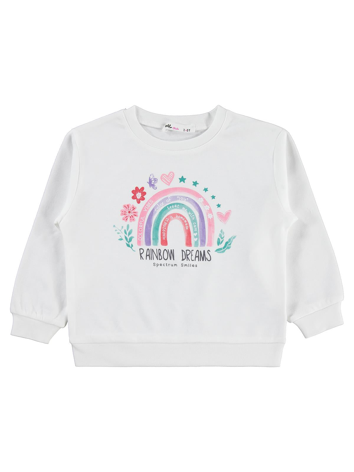 Civil Kız Çocuk Rainbow Baskılı Sweatshirt | İnterlok Uzun Kol | Okul Kreş ve Günlük Kullanım - Ekru