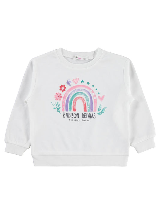 Civil Kız Çocuk Rainbow Baskılı Sweatshirt | İnterlok Uzun Kol | Okul Kreş ve Günlük Kullanım - Ekru