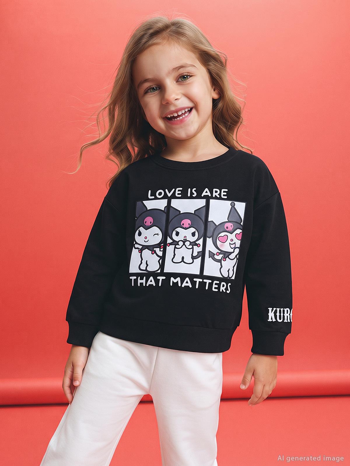 Kuromi Sweatshirt | 3 İp Uzun Kol Bisiklet Yaka Baskılı | Okul Kreş ve Günlük Kullanım - Siyah