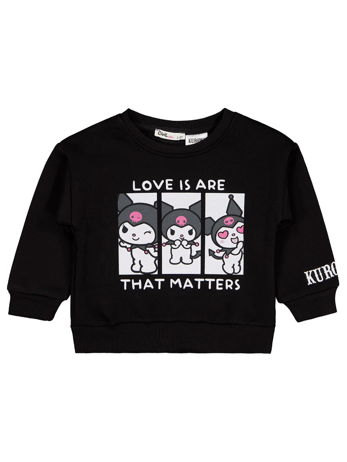 Kuromi Sweatshirt | 3 İp Uzun Kol Bisiklet Yaka Baskılı | Okul Kreş ve Günlük Kullanım - Siyah