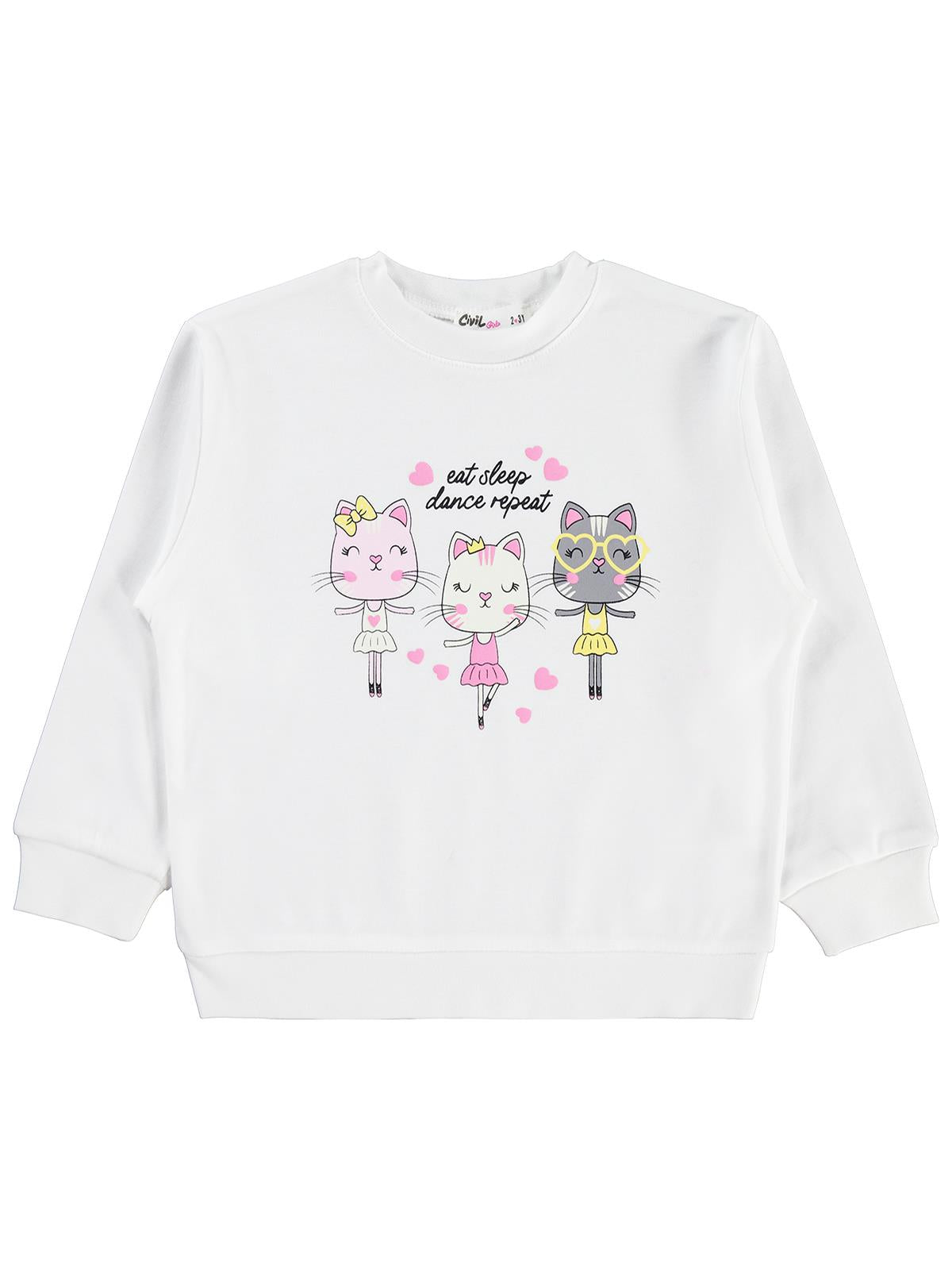 Civil Kız Çocuk Kediler Baskılı Sweatshirt | İnterlok Uzun Kol | Okul Kreş ve Günlük Kullanım - Ekru
