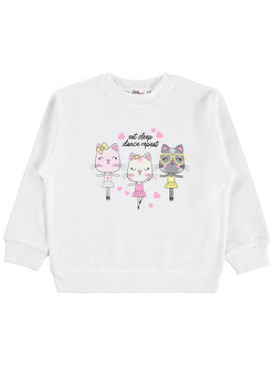 Civil Kız Çocuk Kediler Baskılı Sweatshirt | İnterlok Uzun Kol | Okul Kreş ve Günlük Kullanım - Ekru