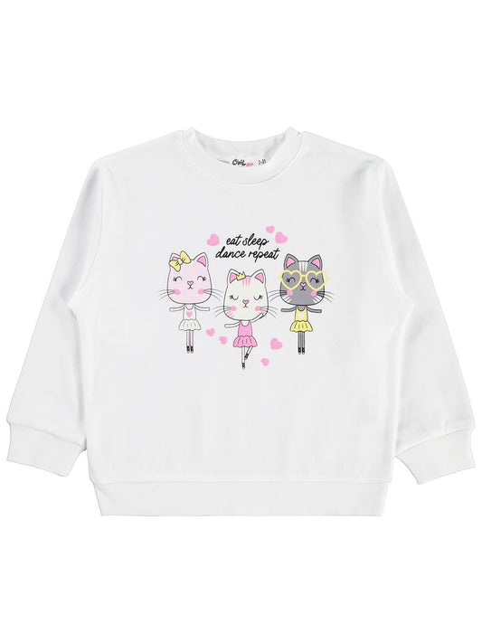 Civil Kız Çocuk Kediler Baskılı Sweatshirt | İnterlok Uzun Kol | Okul Kreş ve Günlük Kullanım - Ekru