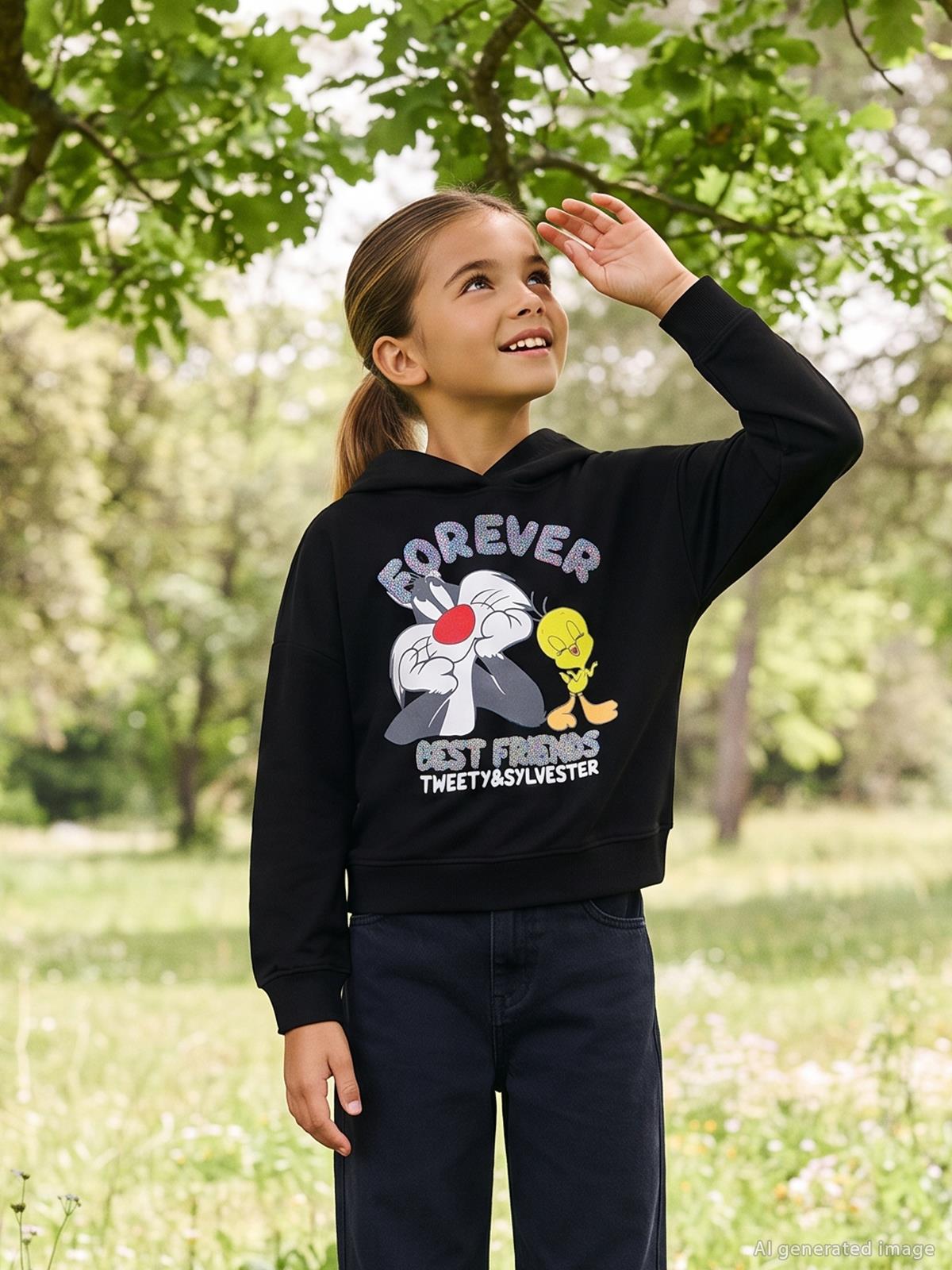 Looney Tunes Sweatshirt | 2 İp Uzun Kol Kapşonlu Baskılı | Okul Kreş ve Günlük Kullanım - Siyah