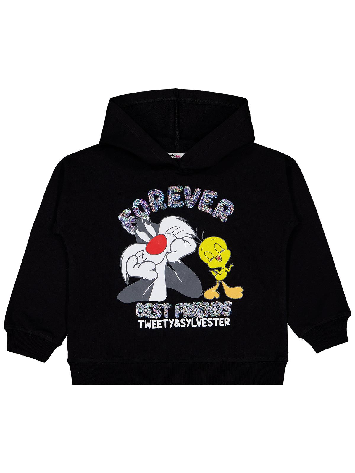 Looney Tunes Sweatshirt | 2 İp Uzun Kol Kapşonlu Baskılı | Okul Kreş ve Günlük Kullanım - Siyah
