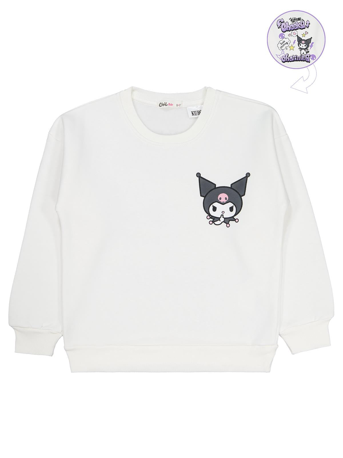 Kuromi Sweatshirt | 3 İp Uzun Kol Bisiklet Yaka Baskılı | Okul Kreş ve Günlük Kullanım - Ekru