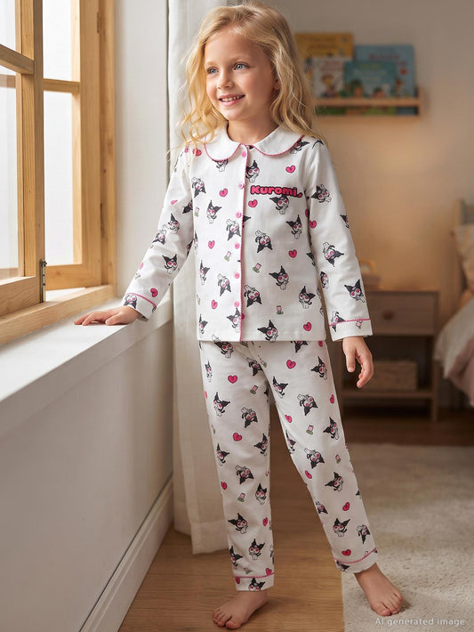 Kuromi Pijama Takımı | Süprem-Süprem Uzun Kol Gömlek Yaka - Polo | Okul Kreş ve Günlük Kullanım - Ekru