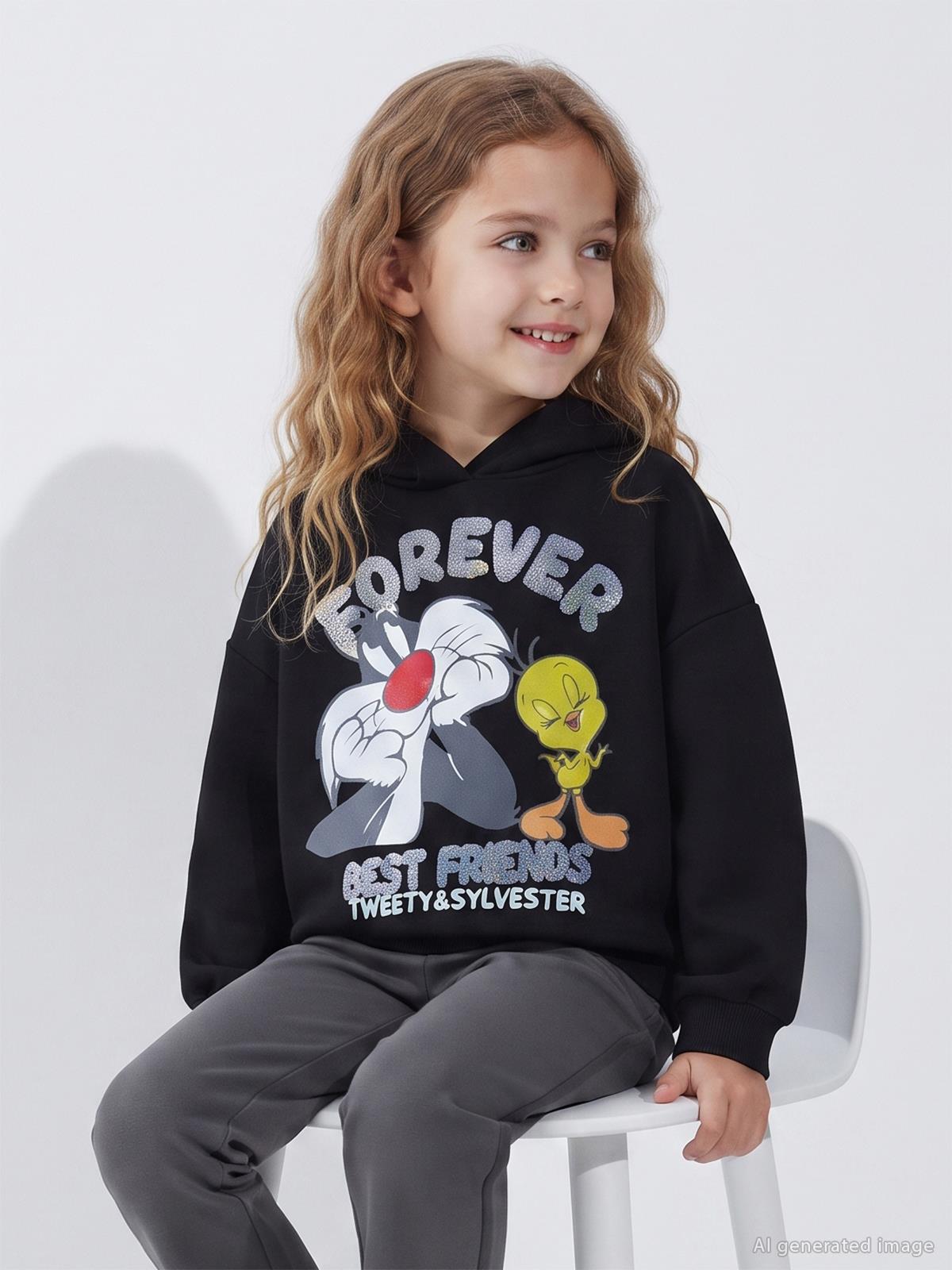Looney Tunes Sweatshirt | 2 İp Uzun Kol Kapşonlu Baskılı | Okul Kreş ve Günlük Kullanım - Siyah