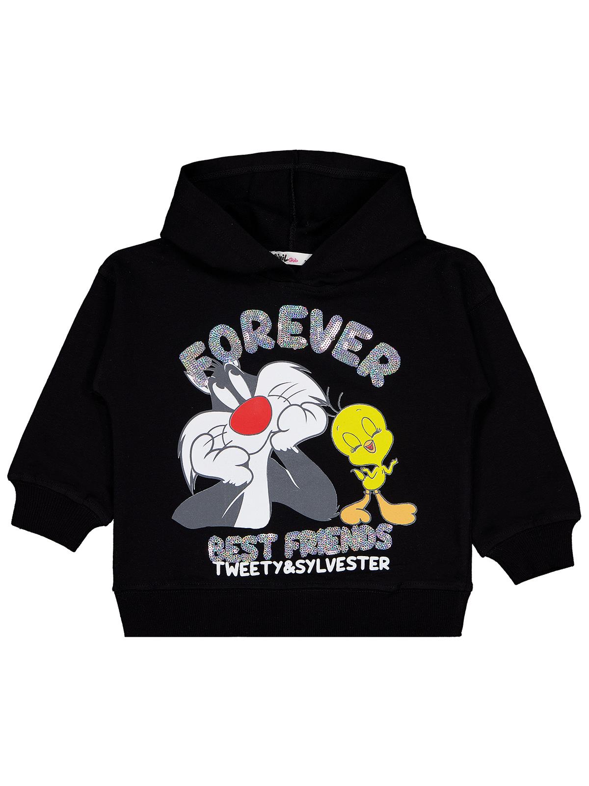 Looney Tunes Sweatshirt | 2 İp Uzun Kol Kapşonlu Baskılı | Okul Kreş ve Günlük Kullanım - Siyah
