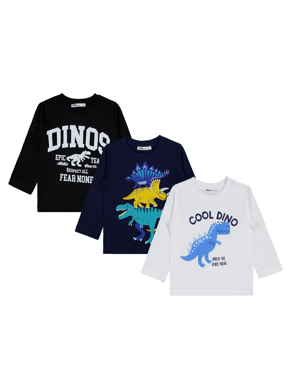 Civil Erkek Çocuk Cool Dino Baskılı 3'lü Set Sweatshirt | Süprem | Okul Kreş ve Günlük Kullanım