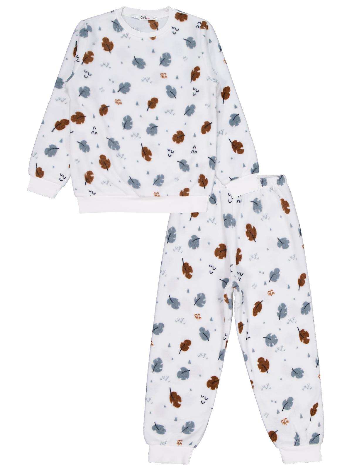 Civil Kız Çocuk Yaprak Desen Pijama Takımı | Polar-Polar Uzun Kol | Okul Kreş ve Günlük Kullanım - Ekru