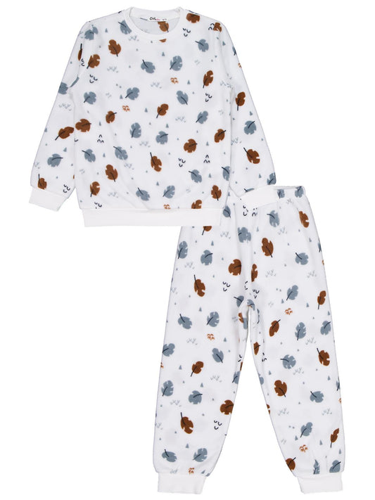 Civil Kız Çocuk Yaprak Desen Pijama Takımı | Polar-Polar Uzun Kol | Okul Kreş ve Günlük Kullanım - Ekru