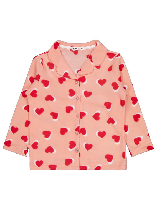 Civil Kız Çocuk Kalp Desenli Pijama Takımı | Polar-Polar Uzun Kol | Okul Kreş ve Günlük Kullanım - Pudra