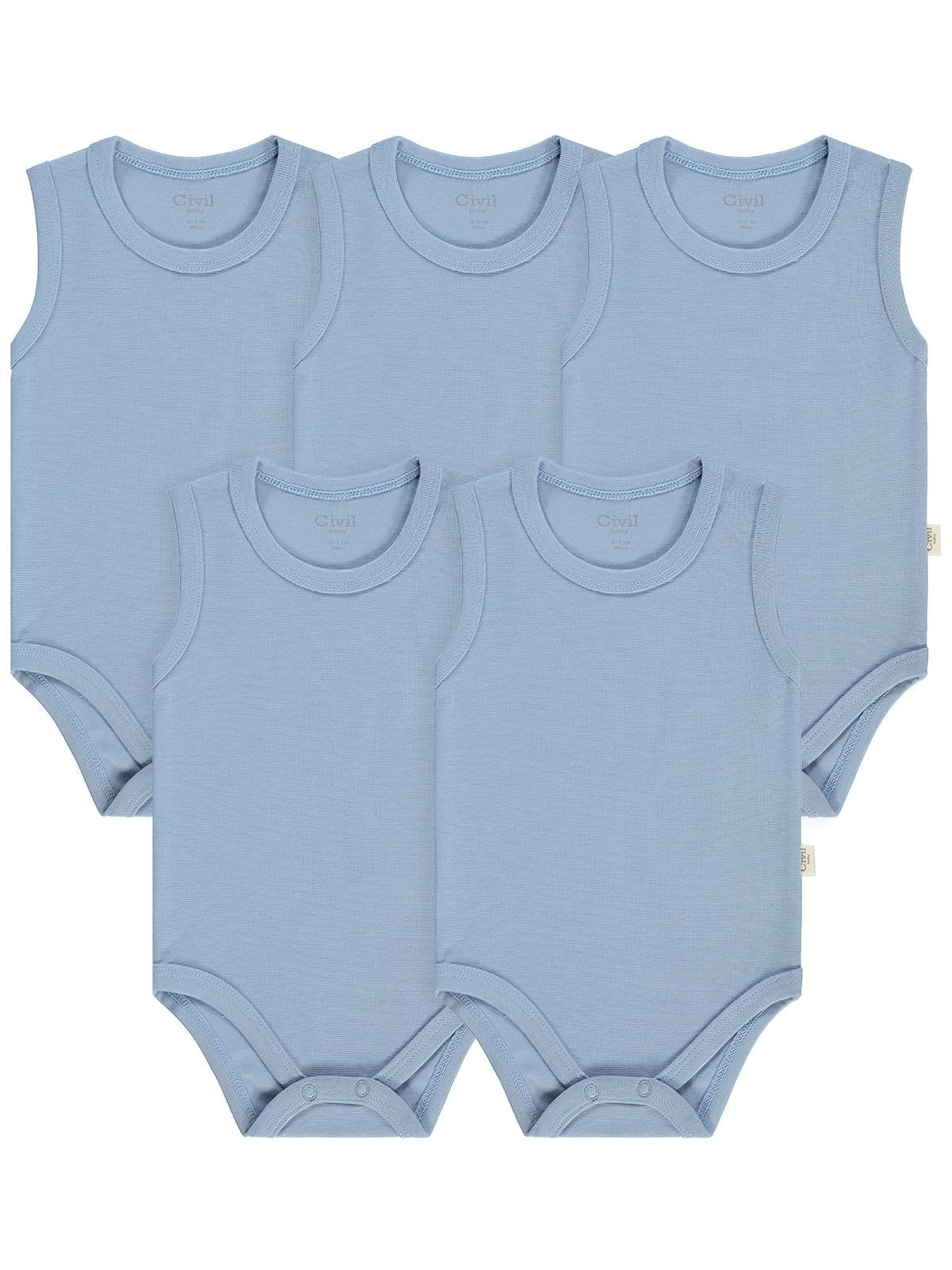 Civil Baby 5 li Organik Sıfır Kol  Çıtçıtlı Badi - Mavi