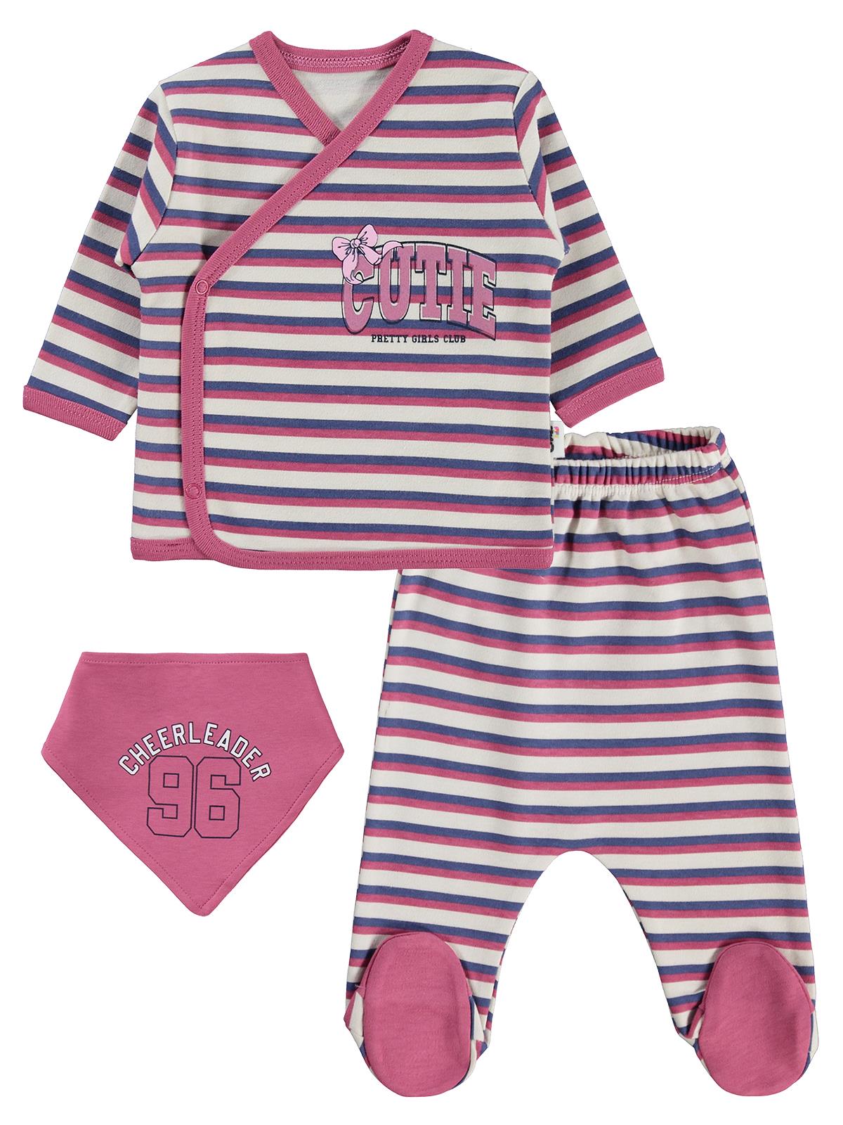 Civil Baby Çizgili Cutie Baskılı 0-1 Ay Zıbın Takımları - Bej