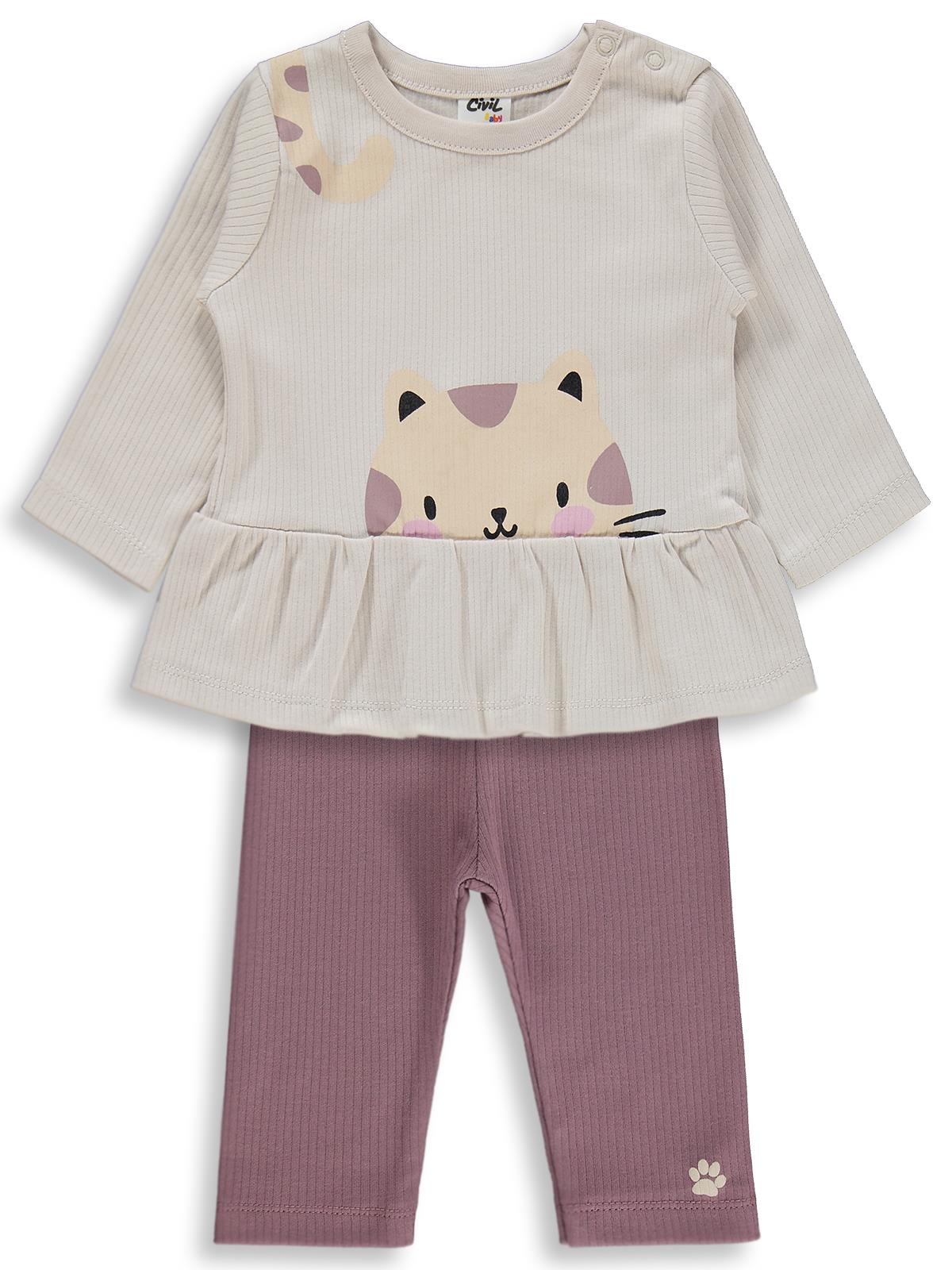 Civil Baby Kedi Yüz Baskılı 6-18 Ay Takım - Gri