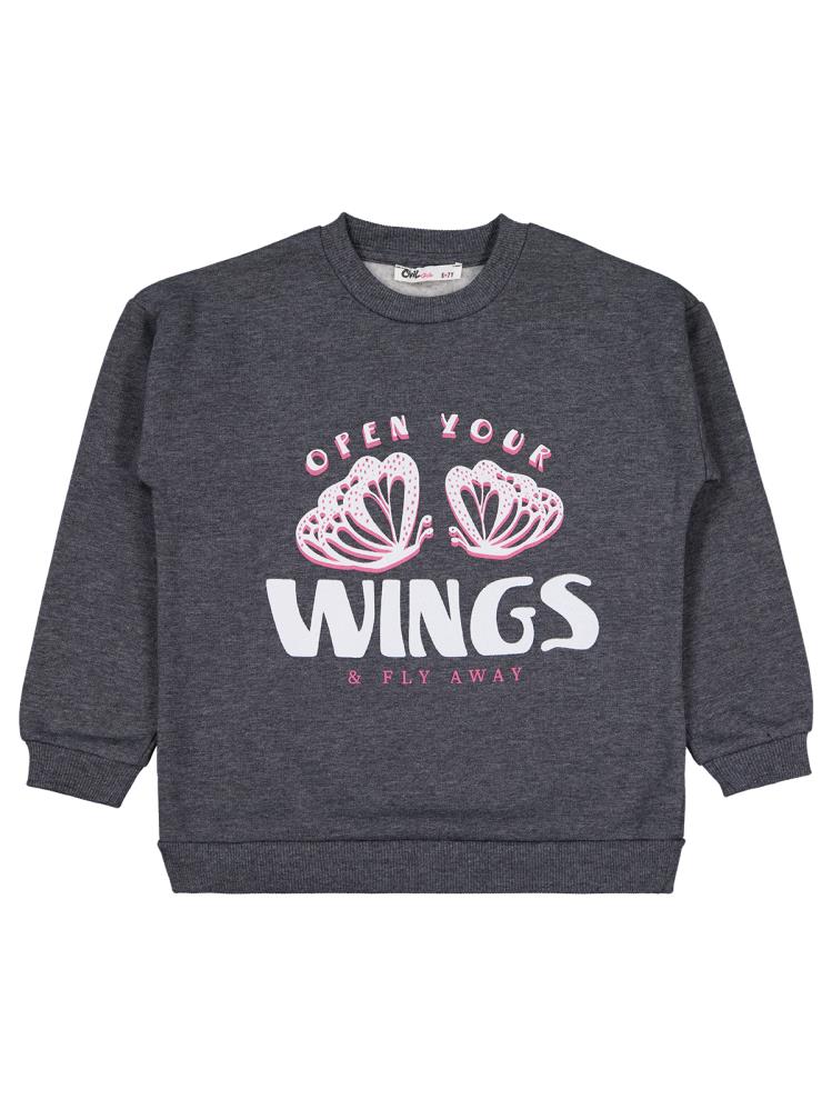 20252424 Civil Girls Wings Baskılı 6-9 Yaş Sweatshirt - Gri