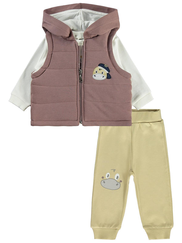 Civil Baby Dino Baskılı 3'lü 6-18 Ay Takım - Kahverengi