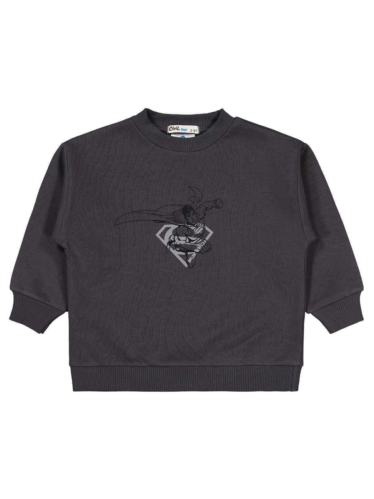 Superman Logo Baskılı Sweatshirt | 3 İp Uzun Kol Bisiklet Yaka | Okul Kreş ve Günlük Kullanım - Gri