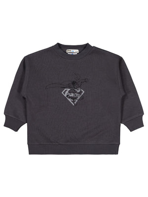 Superman Logo Baskılı Sweatshirt | 3 İp Uzun Kol Bisiklet Yaka | Okul Kreş ve Günlük Kullanım - Gri