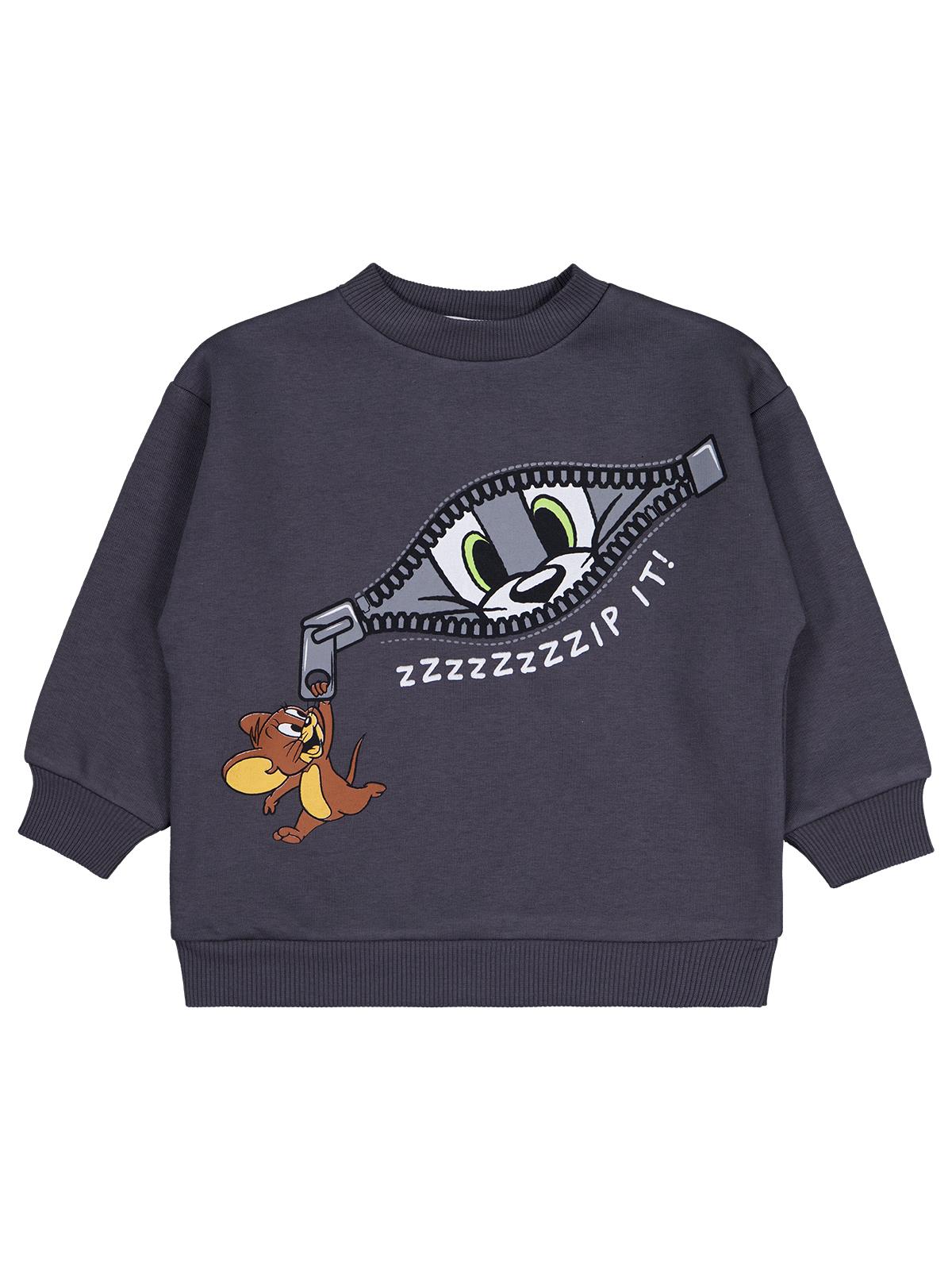 Tom and Jerry Fermuar Baskılı Sweatshirt | 3 İp Uzun Kol | Okul Kreş ve Günlük Kullanım - Gri