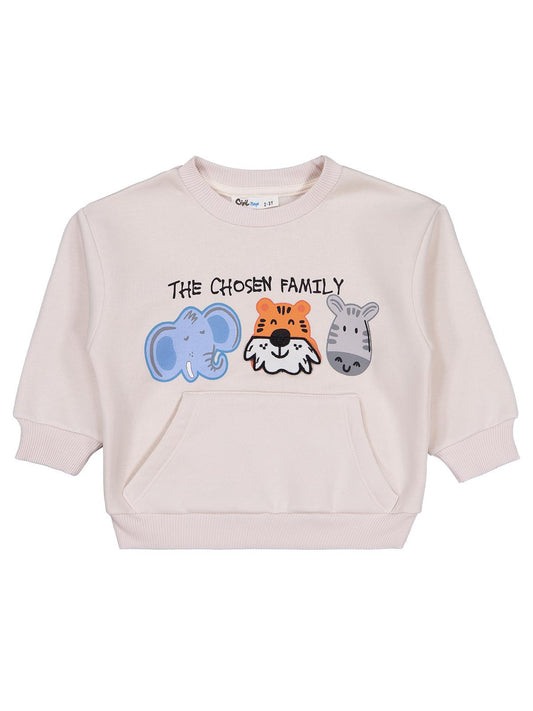 Civil Erkek Çocuk Üç Kafadar Baskılı-Nakışlı Sweatshirt | 3 İp | Okul Kreş ve Günlük Kullanım - Bej
