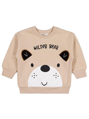 Civil Erkek Çocuk Bear Baskı-Nakışlı Sweatshirt | 3 İp Uzun Kol | Okul Kreş ve Günlük Kullanım - Bej