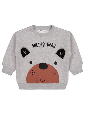 Civil Erkek Çocuk Bear Baskı-Nakışlı Sweatshirt | 3 İp Uzun Kol | Okul Kreş ve Günlük Kullanım - Gri