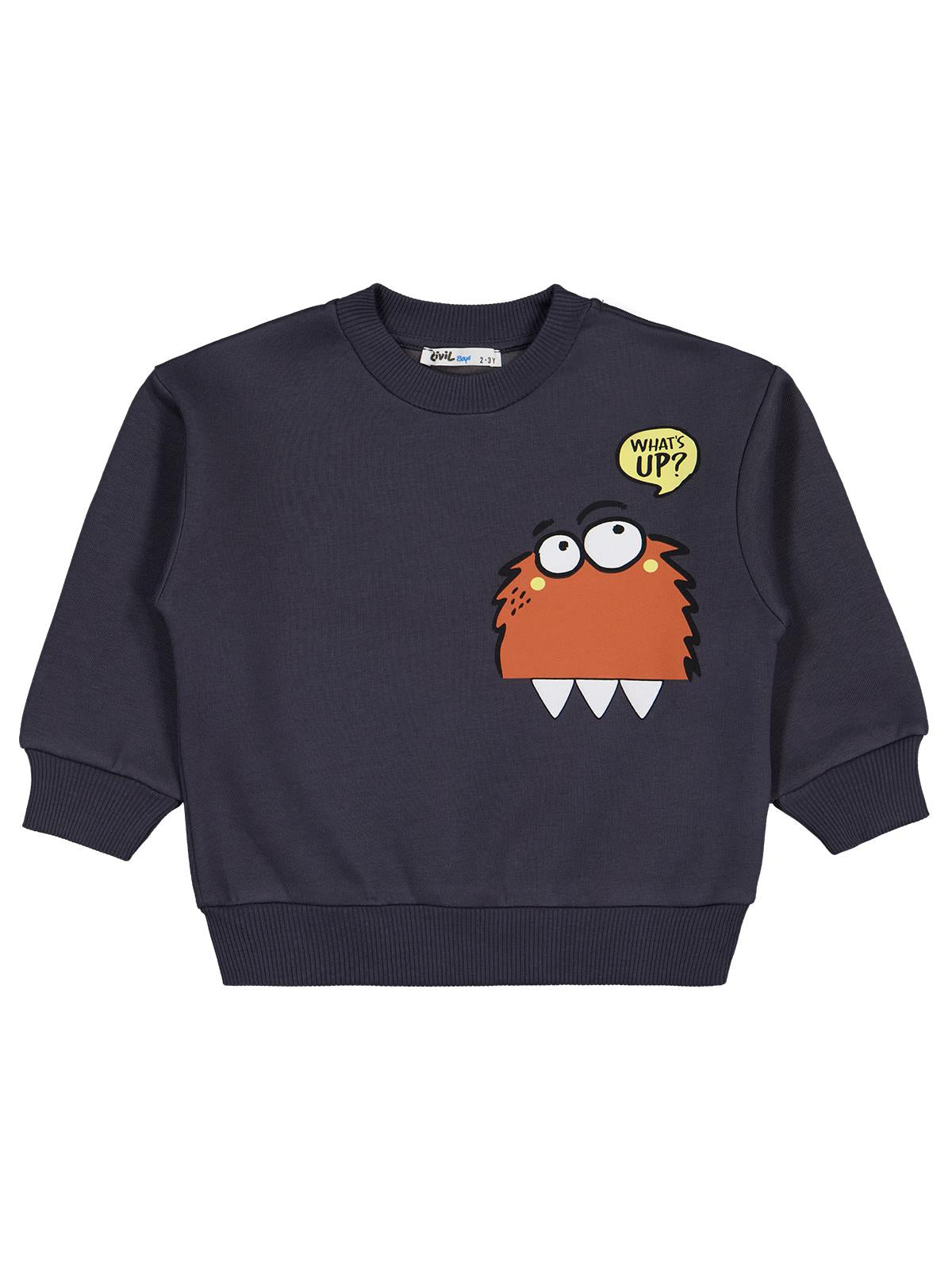 Civil Erkek Çocuk Monster Basklı Sweatshirt | 3 İp Uzun Kol | Okul Kreş ve Günlük Kullanım - Gri