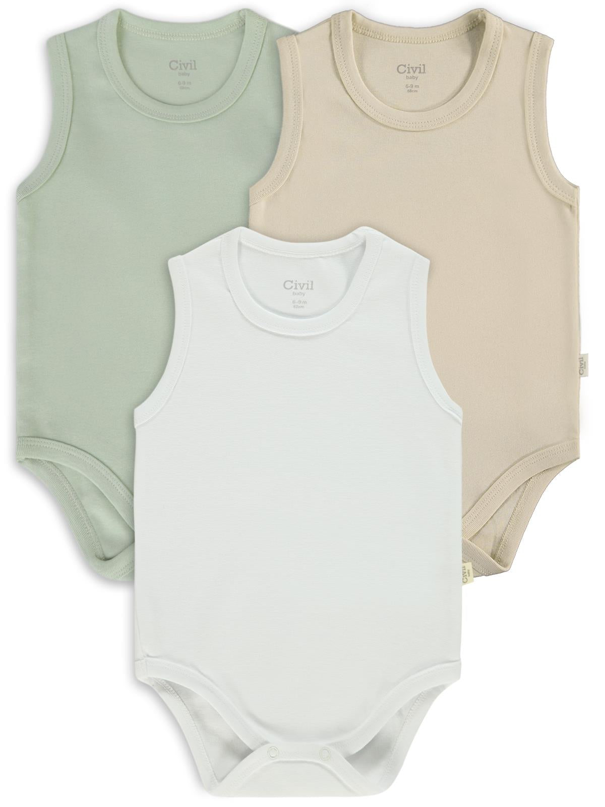 Civil Baby 3'lü Düz Sıfır Kol 0-36 Ay Çıtçıtlı Badi - Bej
