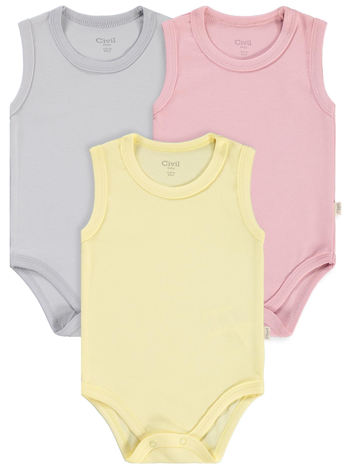 Civil Baby 3'lü Düz Sıfır Kol 0-36 Ay Çıtçıtlı Badi - Pembe
