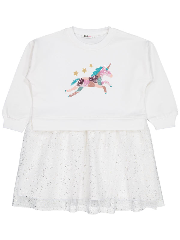 Civil Girls Unicorn Baskılı 2-5 Yaş Elbise - Ekru