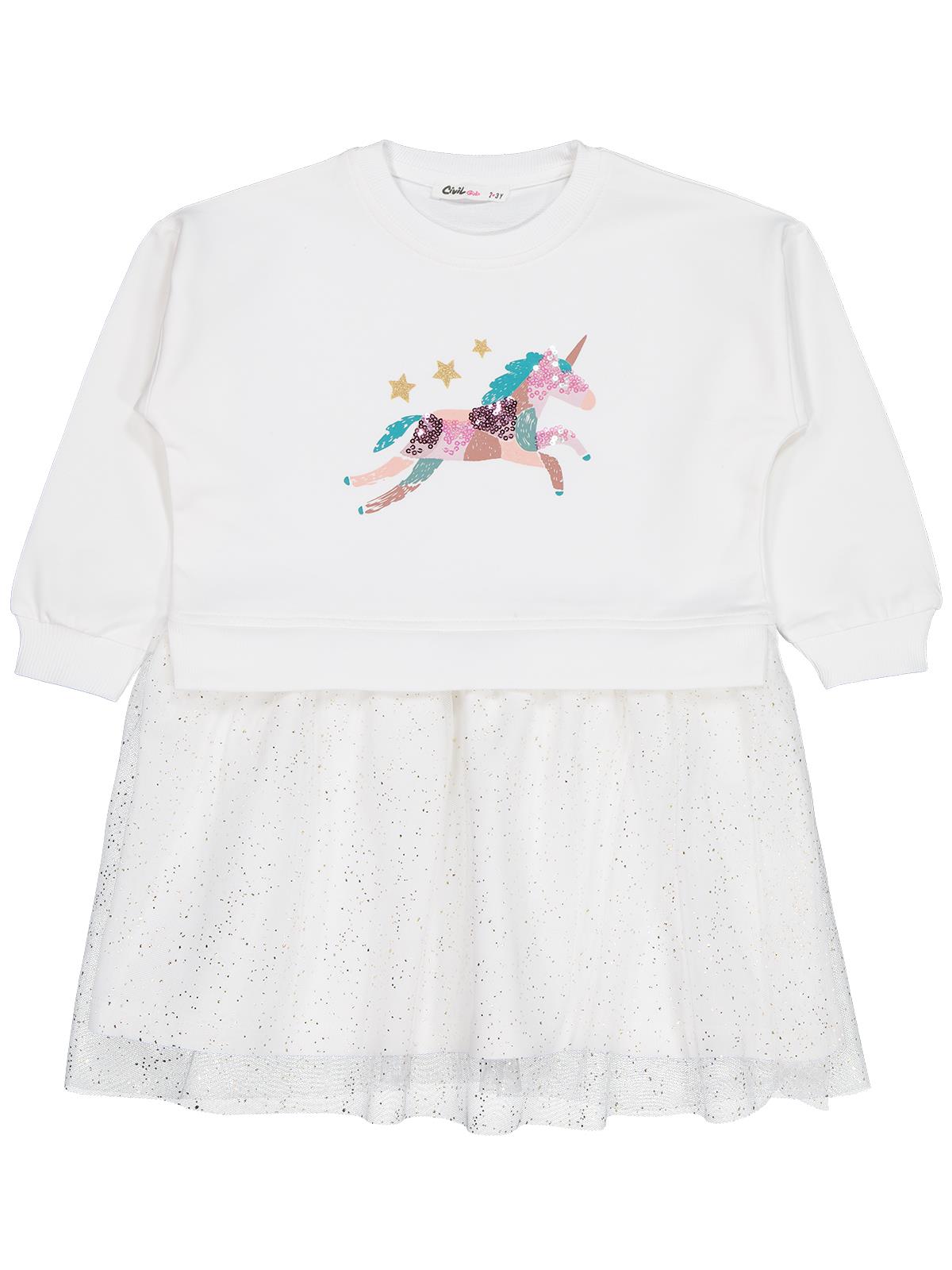 Civil Girls Unicorn Baskılı 2-5 Yaş Elbise - Ekru