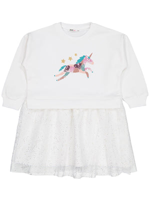 Civil Girls Unicorn Baskılı 2-5 Yaş Elbise - Ekru