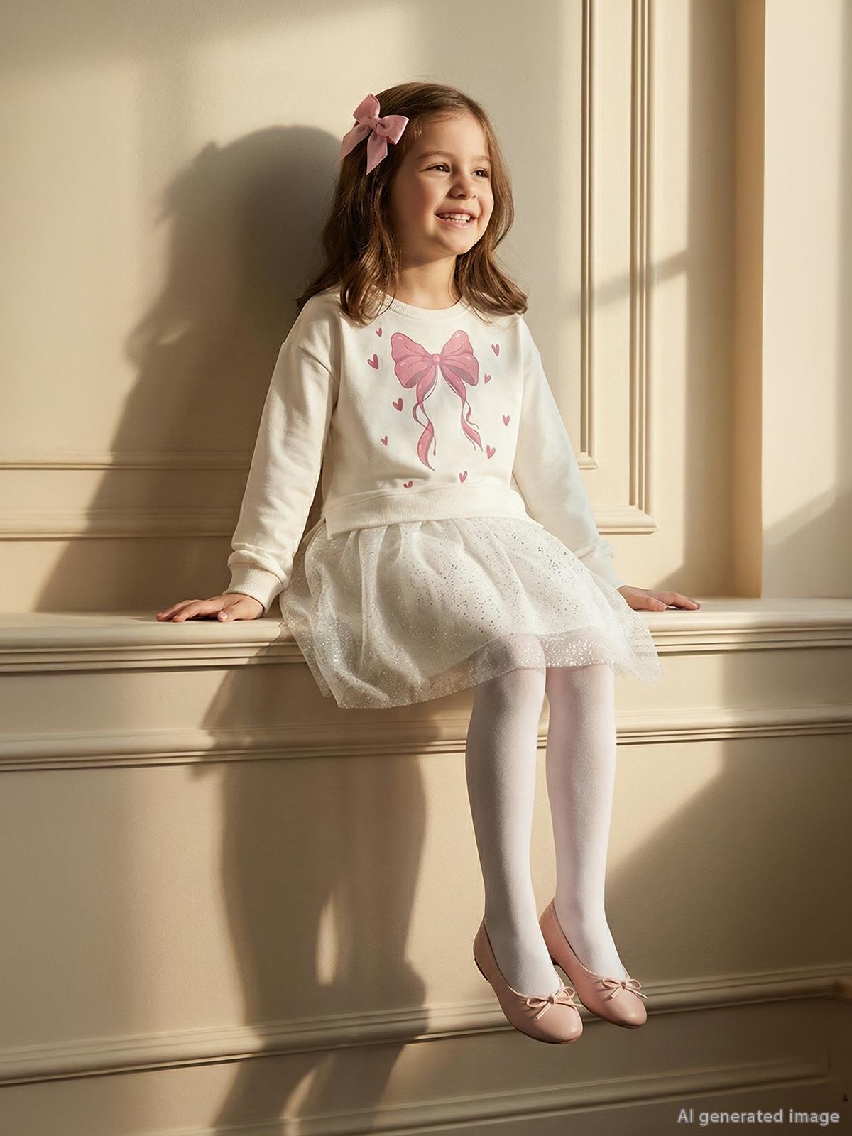 Civil Girls Fiyonk Baskılı 6-9 Yaş Elbise - Ekru