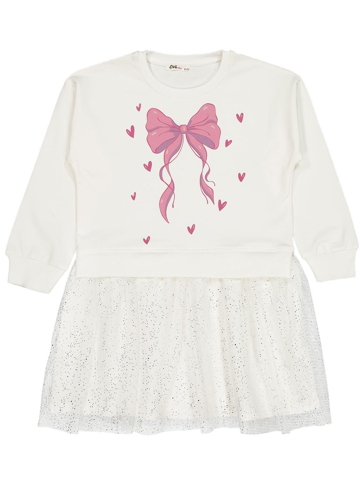 Civil Girls Fiyonk Baskılı 6-9 Yaş Elbise - Ekru