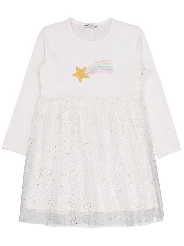 Civil Girls Yıldızlı Rainbow Baskılı 6-9 Yaş Elbise - Ekru