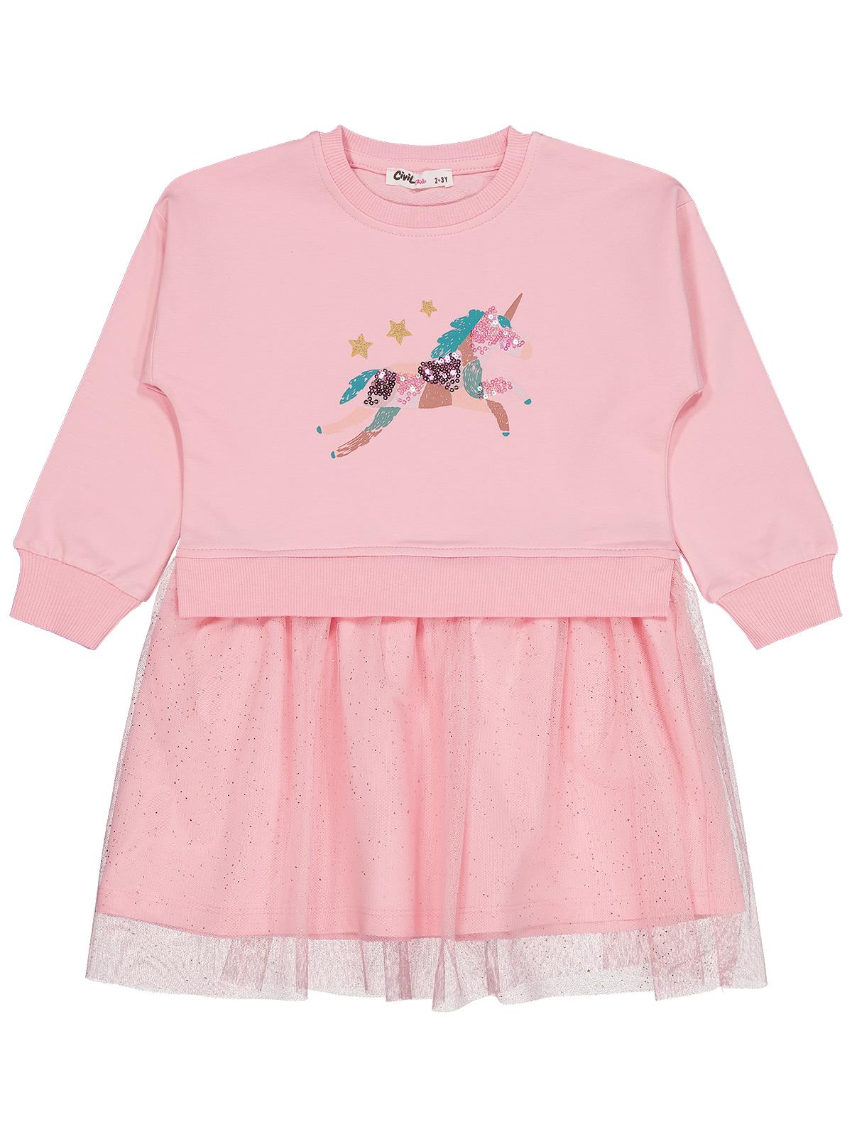 Civil Girls Unicorn Baskılı 2-5 Yaş Elbise - Pembe