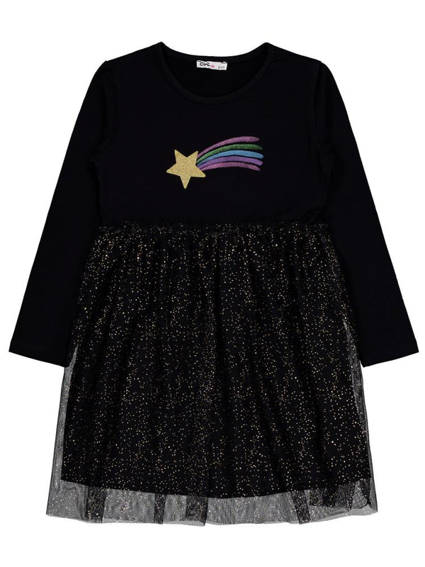 Civil Girls Yıldızlı Rainbow Baskılı 6-9 Yaş Elbise - Siyah