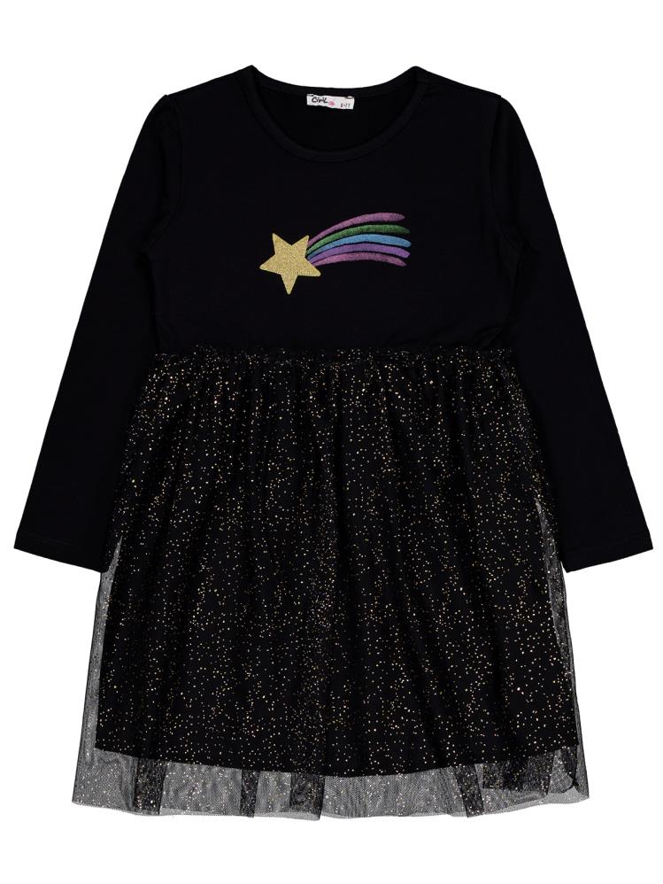 Civil Girls Yıldızlı Rainbow Baskılı 6-9 Yaş Elbise - Siyah
