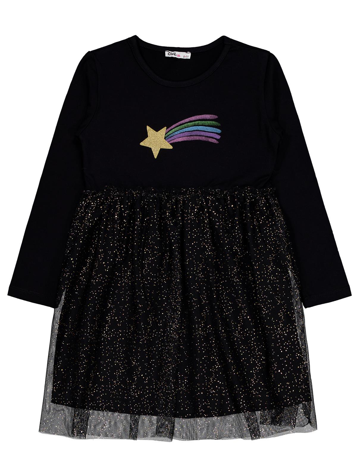 Civil Girls Yıldızlı Rainbow Baskılı 6-9 Yaş Elbise - Siyah