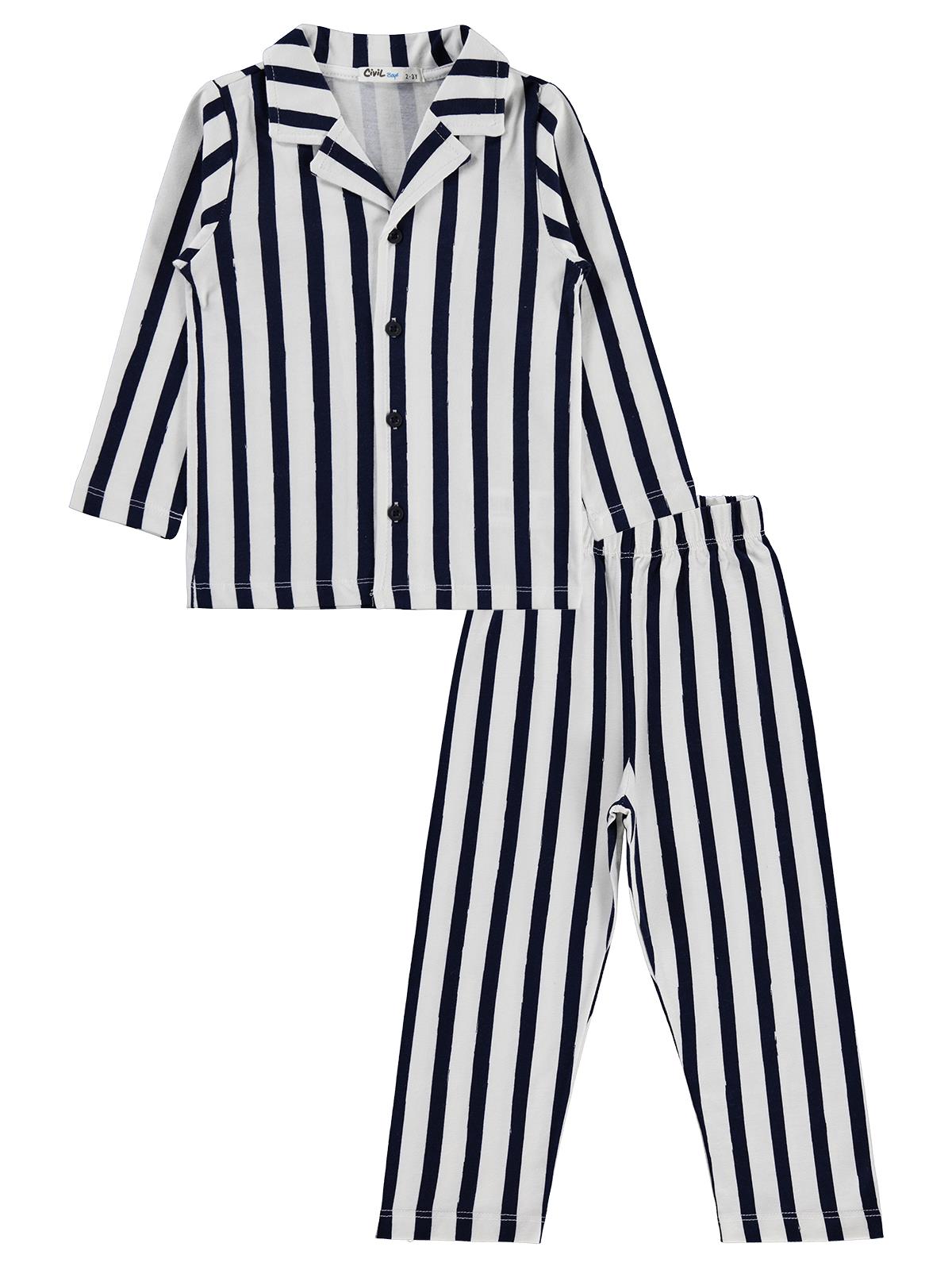 Civil Erkek Çocuk Çizgili Pijama Takımı | Süprem-Süprem Uzun Kol | Okul Kreş ve Günlük Kullanım - Lacivert
