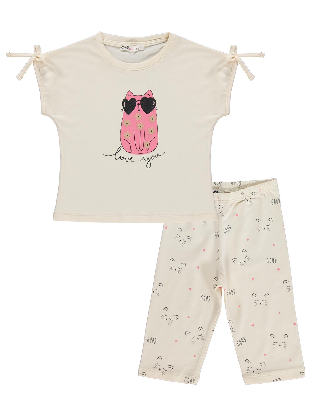 Civil Girls Kedi Baskılı 2-5 Yaş Takım - Fil Dişi