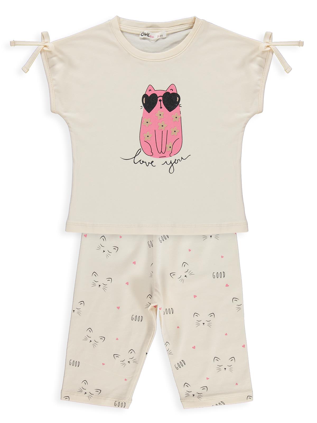 Civil Girls Kedi Baskılı 2-5 Yaş Takım - Fil Dişi