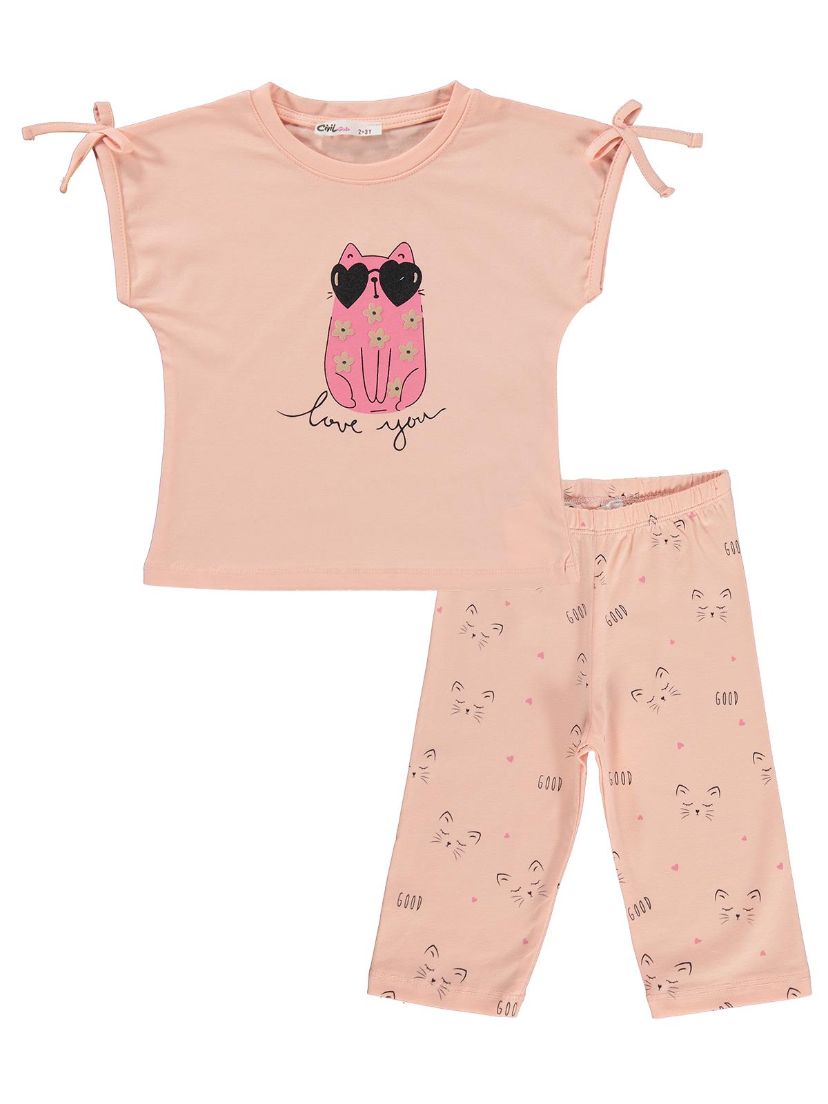 Civil Girls Kedi Baskılı 2-5 Yaş Takım - Pudra