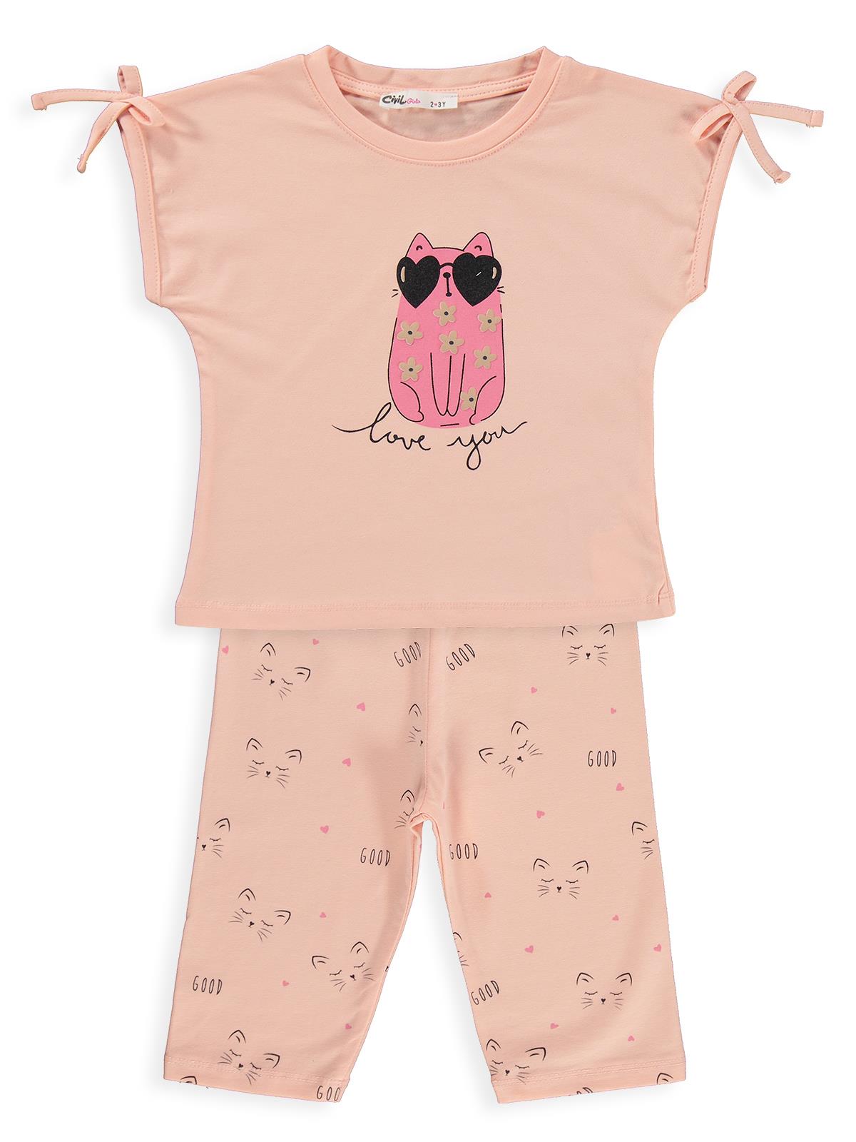 Civil Girls Kedi Baskılı 2-5 Yaş Takım - Pudra