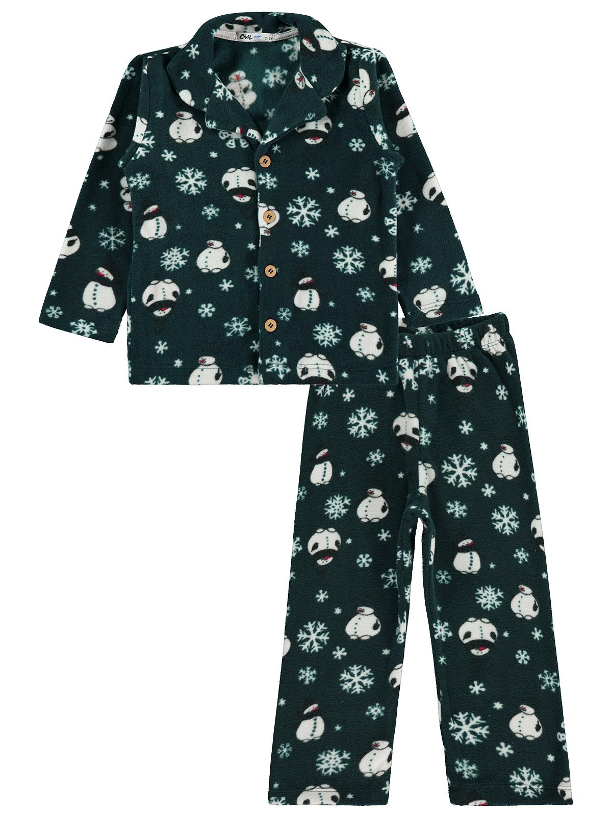 Civil Erkek Çocuk Kardan Adam Baskılı Pijama Takımı | Polar Uzun Kol | Okul Kreş ve Günlük Kullanım - Yeşil