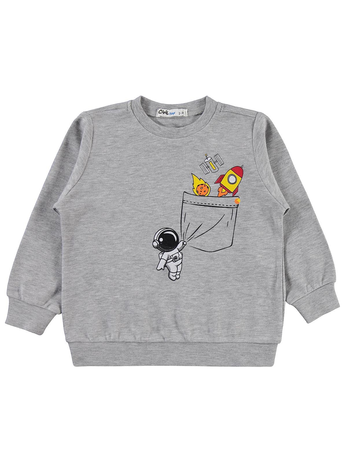 Civil Erkek Çocuk Astronot Baskılı Sweatshirt Km | İnterlok Uzun Kol | Okul Kreş ve Günlük Kullanım - Gri